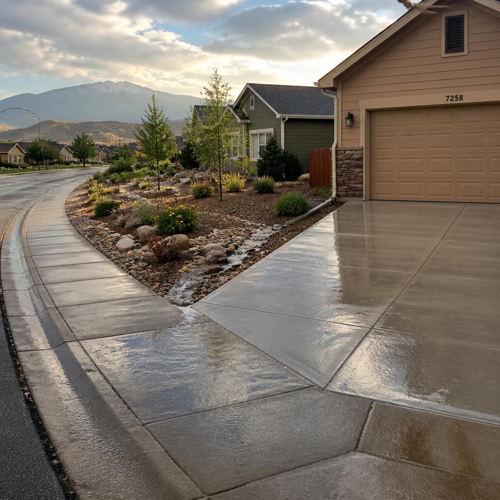A Colorado Springs home after a rainstorm with water draining cleanly away from the concrete driveway and sidewalk into a landscaped swale, Front Range foothills in the background