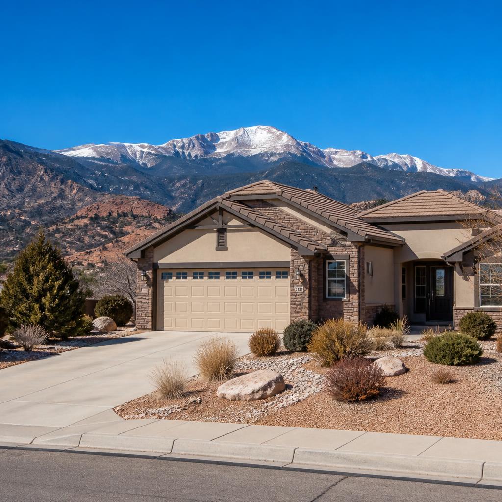 A Colorado Springs home with a concrete driveway and sidewalk under a high-altitude blue sky, with Pikes Peak and the Front Range in the background
