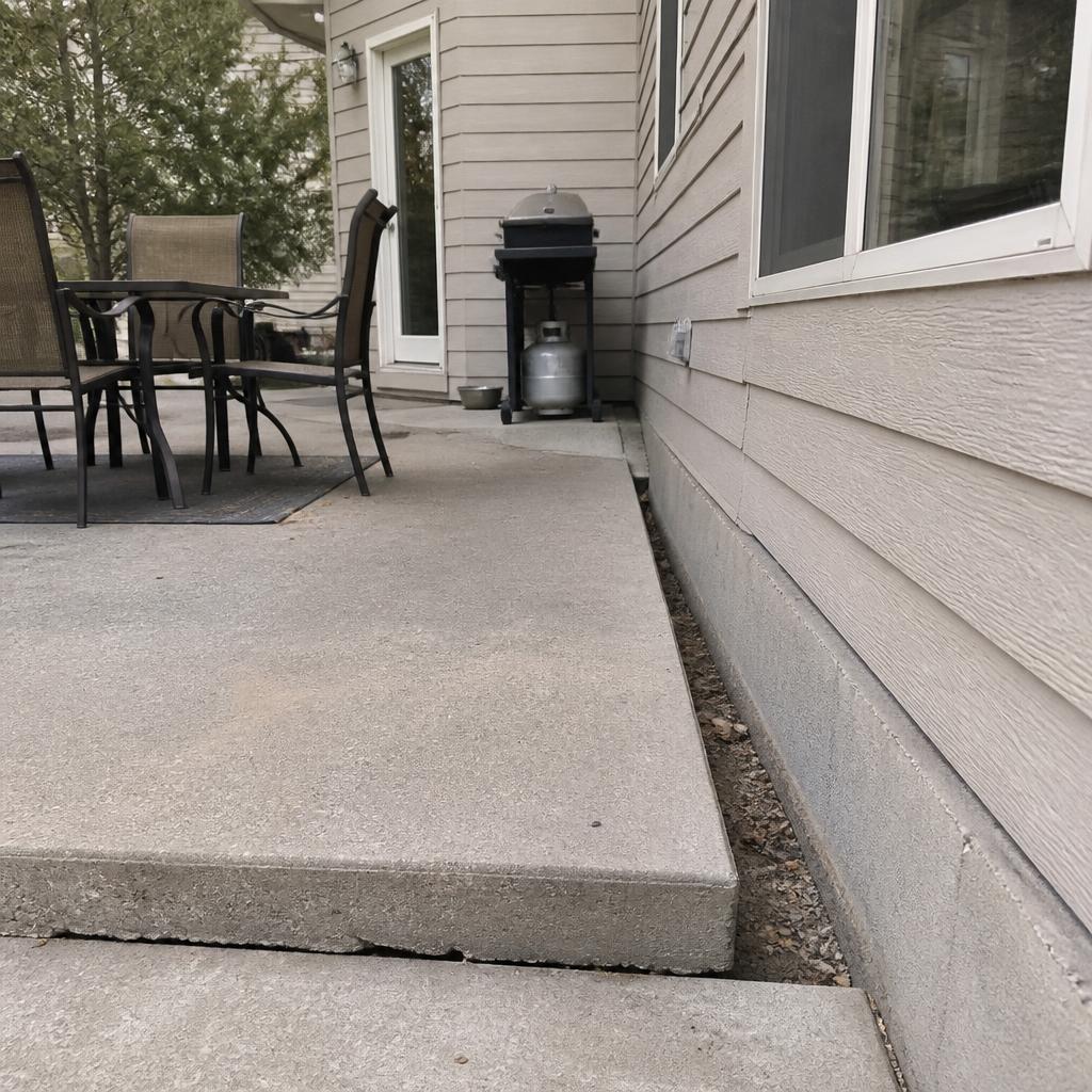 A residential patio with settled concrete pulling away from the house
