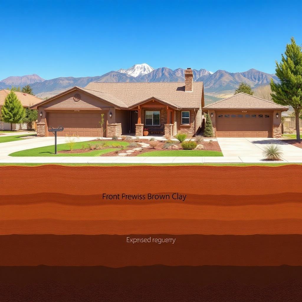 Educational cross-section view of a Colorado Springs residential property showing expansive reddish-brown clay soil layers beneath a concrete driveway, sidewalk, and landscaping, with the home and Front Range foothills above