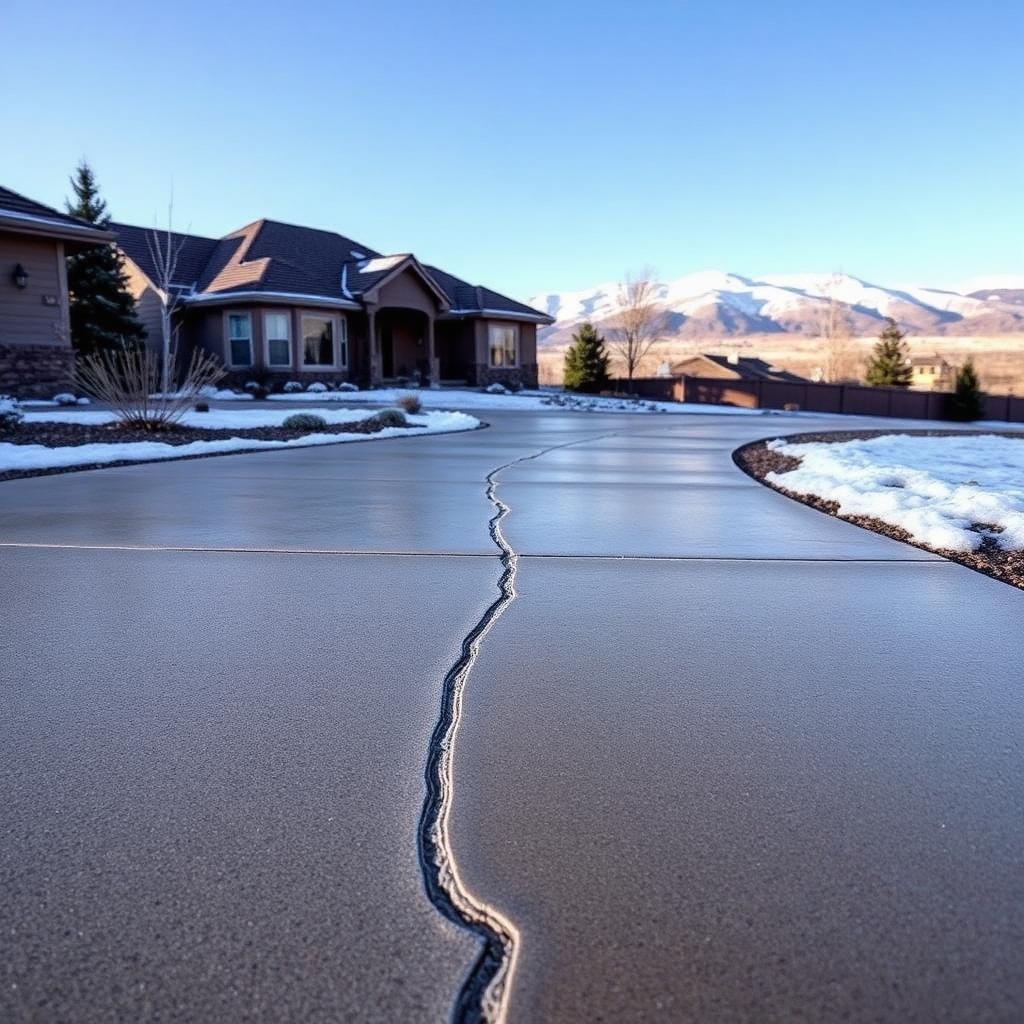 A Colorado Springs residential concrete driveway on a cold winter morning with patches of refrozen snowmelt along the control joints and a hairline crack visible, snow-dusted Front Range foothills and Pikes Peak in the background under a clear blue Colorado sky