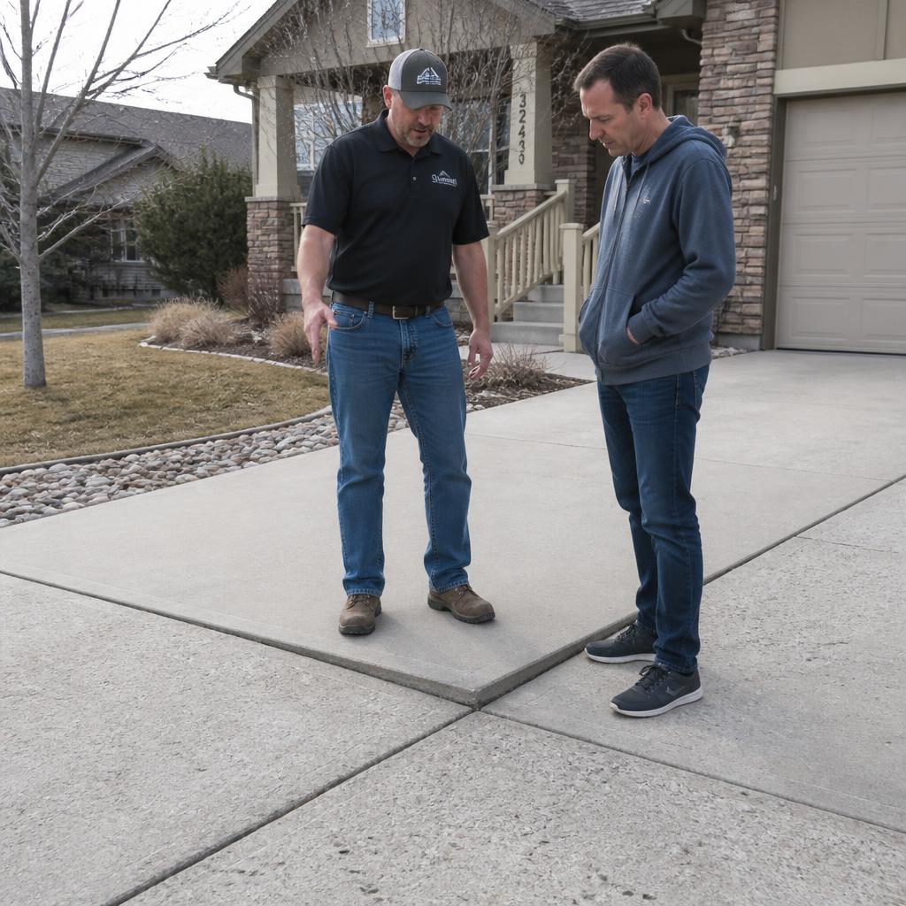A homeowner and a contractor examining an uneven section of concrete driveway