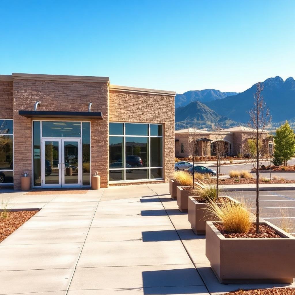 A Colorado Springs commercial office building exterior with a well-maintained level concrete sidewalk leading to the entrance, native landscaping planters, and Front Range foothills in the background