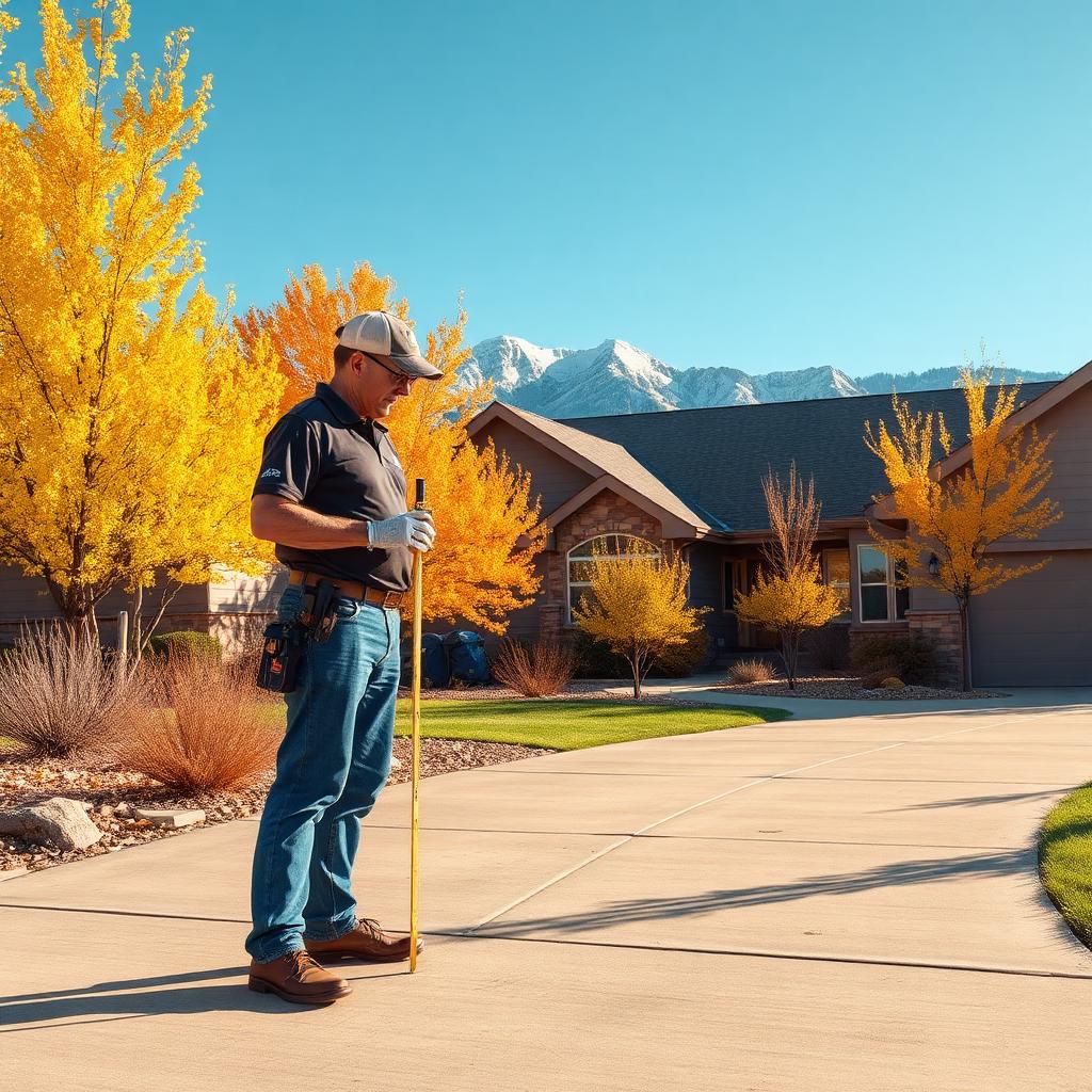 A Colorado Springs technician evaluating a residential concrete driveway for settlement on an early fall morning, golden aspens and Front Range foothills in the background