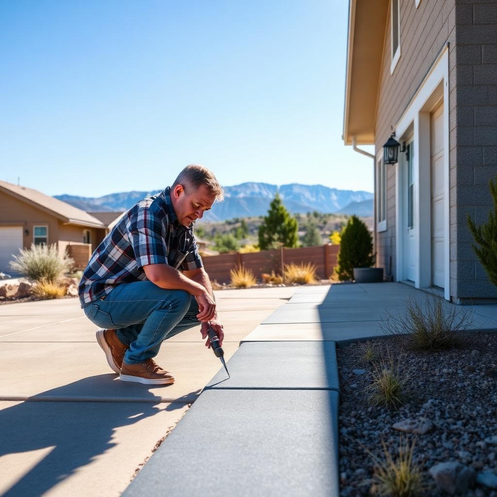A Colorado Springs homeowner crouching to inspect the joint between a concrete driveway and sidewalk for early signs of settlement on a sunny day, with Pikes Peak and the Front Range foothills in the background