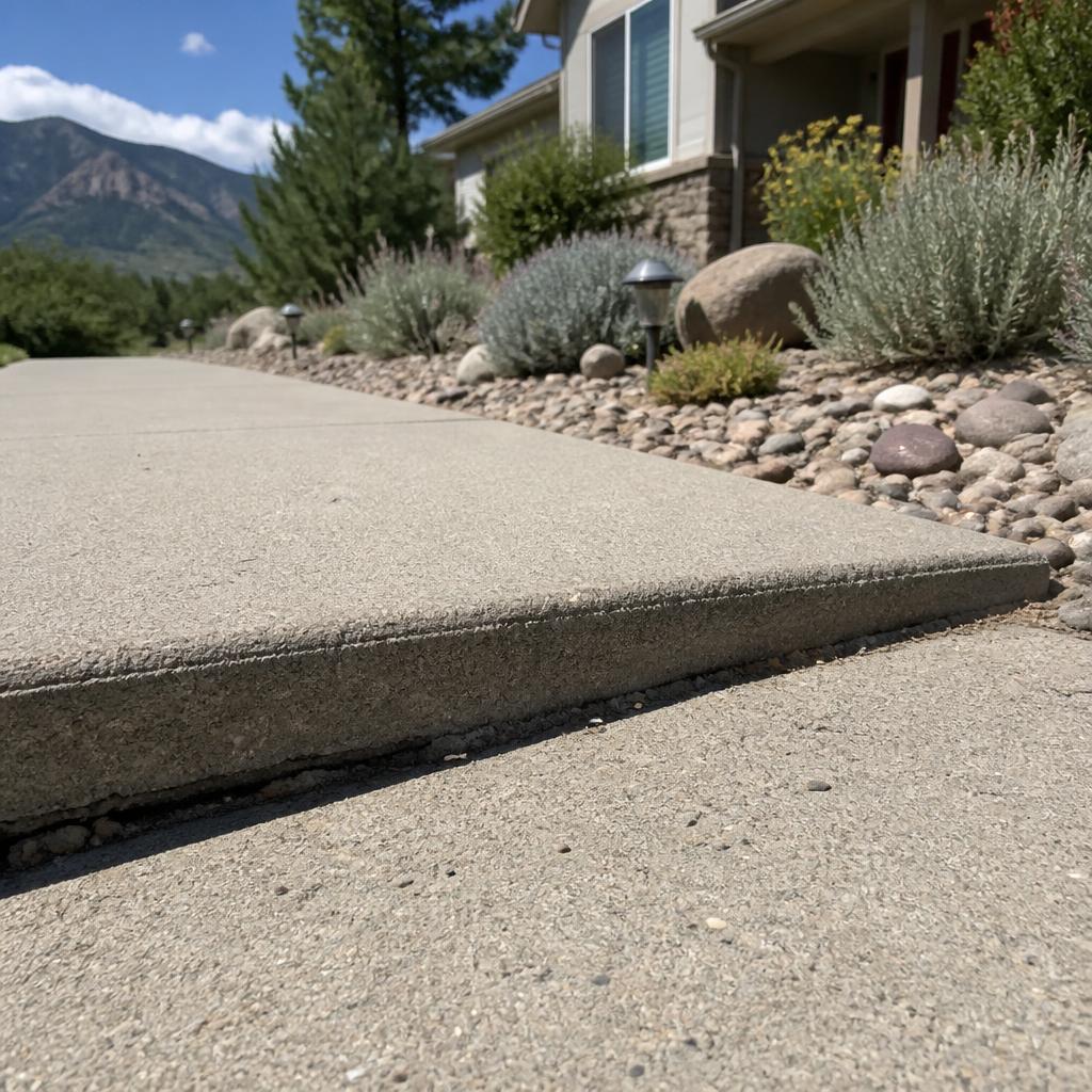 A Colorado Springs residential sidewalk with a clear vertical trip hazard where two settled concrete panels meet, xeriscape landscaping and foothills in the background