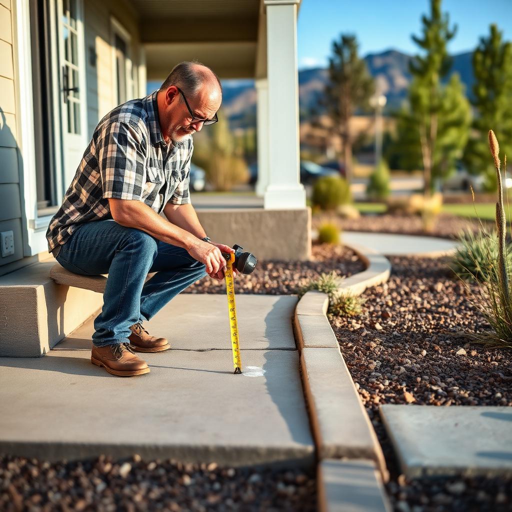 A Colorado Springs homeowner crouched on their front walkway using a tape measure and chalk to measure a vertical lip between two settled concrete sidewalk panels, xeriscape landscaping and Front Range foothills in the background