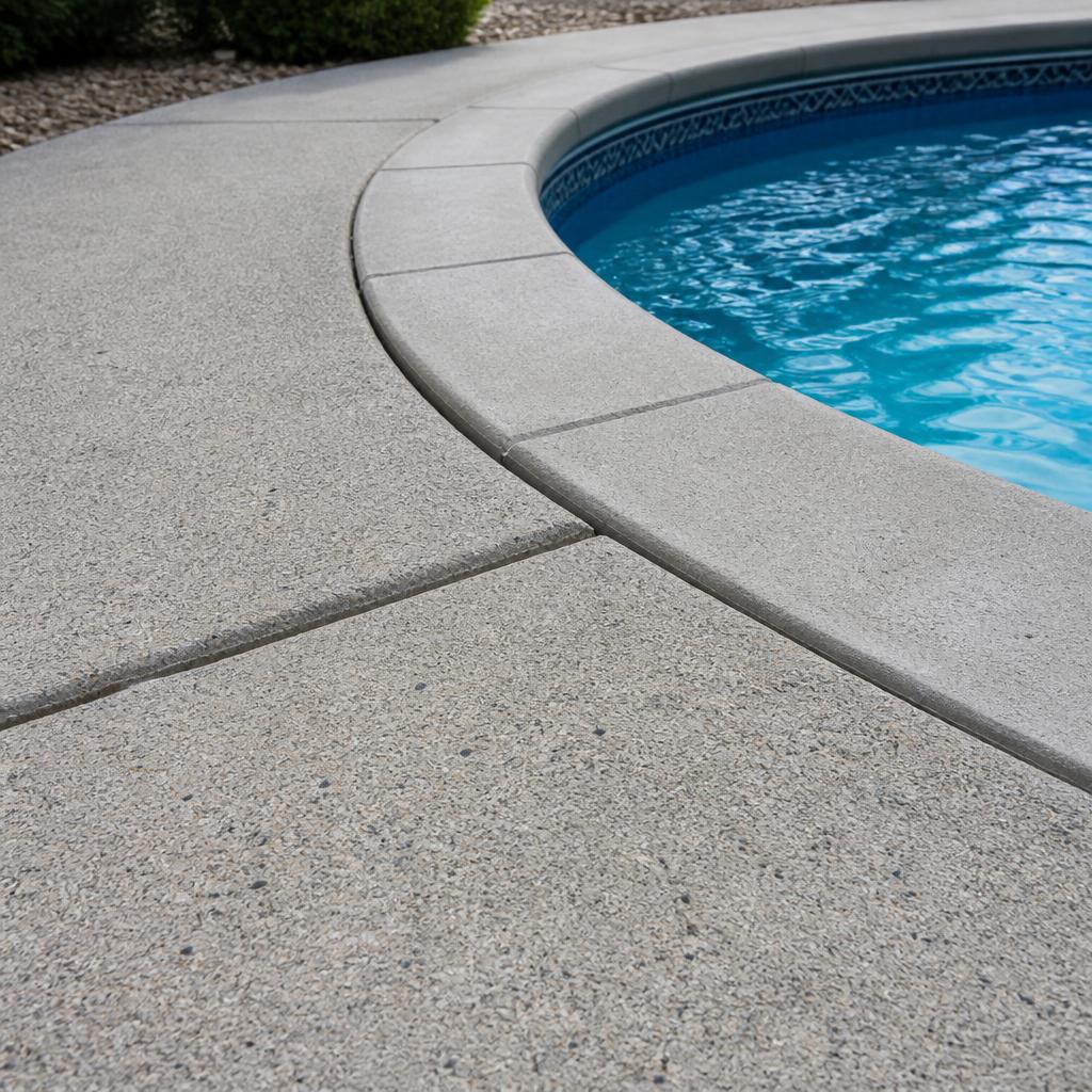A pool deck with a settled concrete panel around the coping