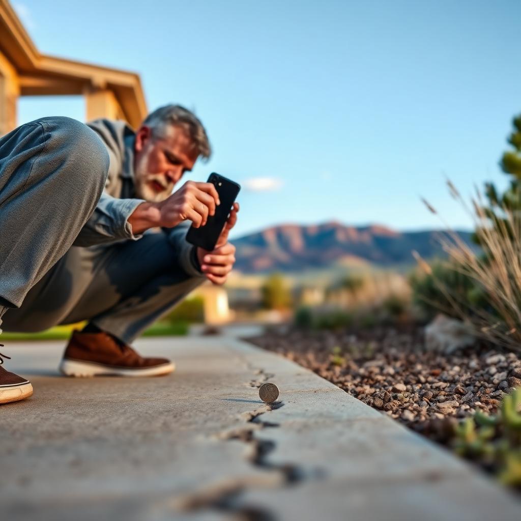 A Colorado Springs homeowner crouched beside their driveway using a smartphone to photograph a hairline crack next to a coin used for scale, xeriscape landscaping and Front Range foothills in the background