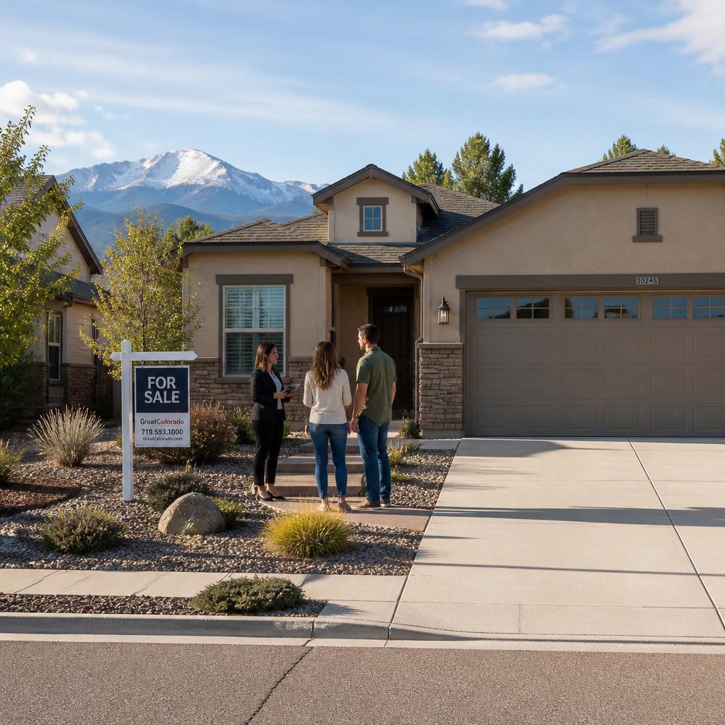 Prospective buyers touring a well-maintained Colorado Springs home with a level concrete driveway and sidewalk, For Sale sign in the front yard and Pikes Peak in the background