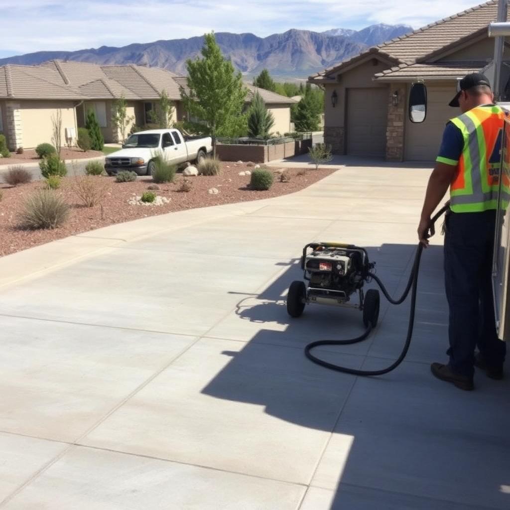 A Colorado Springs technician in a safety vest performing polyurethane foam concrete leveling on a residential driveway during a typical workday, with a service truck at the curb and Front Range foothills in the background