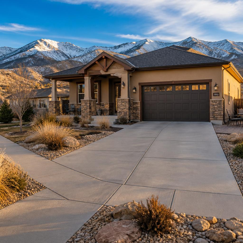 A well-kept Colorado Springs residential home at golden hour with a clean level concrete driveway with visible control joints leading to the garage, front sidewalk, and side patio, xeriscape landscaping, and snow-dusted Pikes Peak with the Front Range foothills prominent in the background