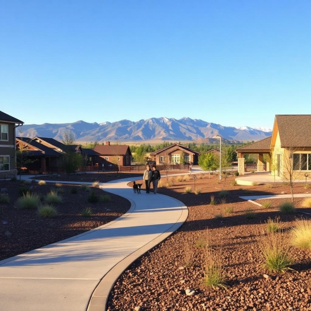 A Colorado Springs HOA community with well-maintained level concrete sidewalks winding past xeriscape landscaping and a clubhouse, residents walking safely, with Pikes Peak and the Front Range foothills in the background