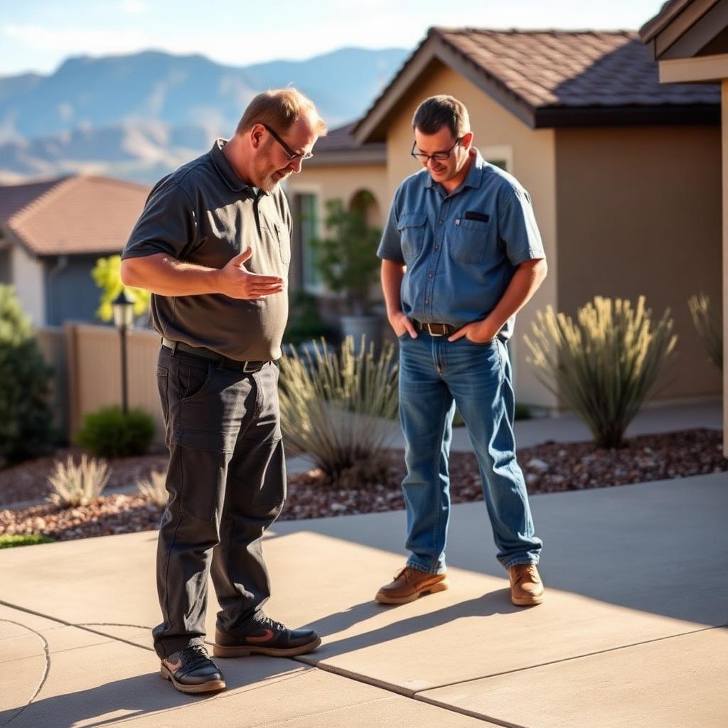 A Colorado Springs concrete leveling professional and homeowner standing on a residential driveway, both looking down at a settled section of slab as the professional explains what he sees, with xeriscape landscaping and Front Range foothills in the background
