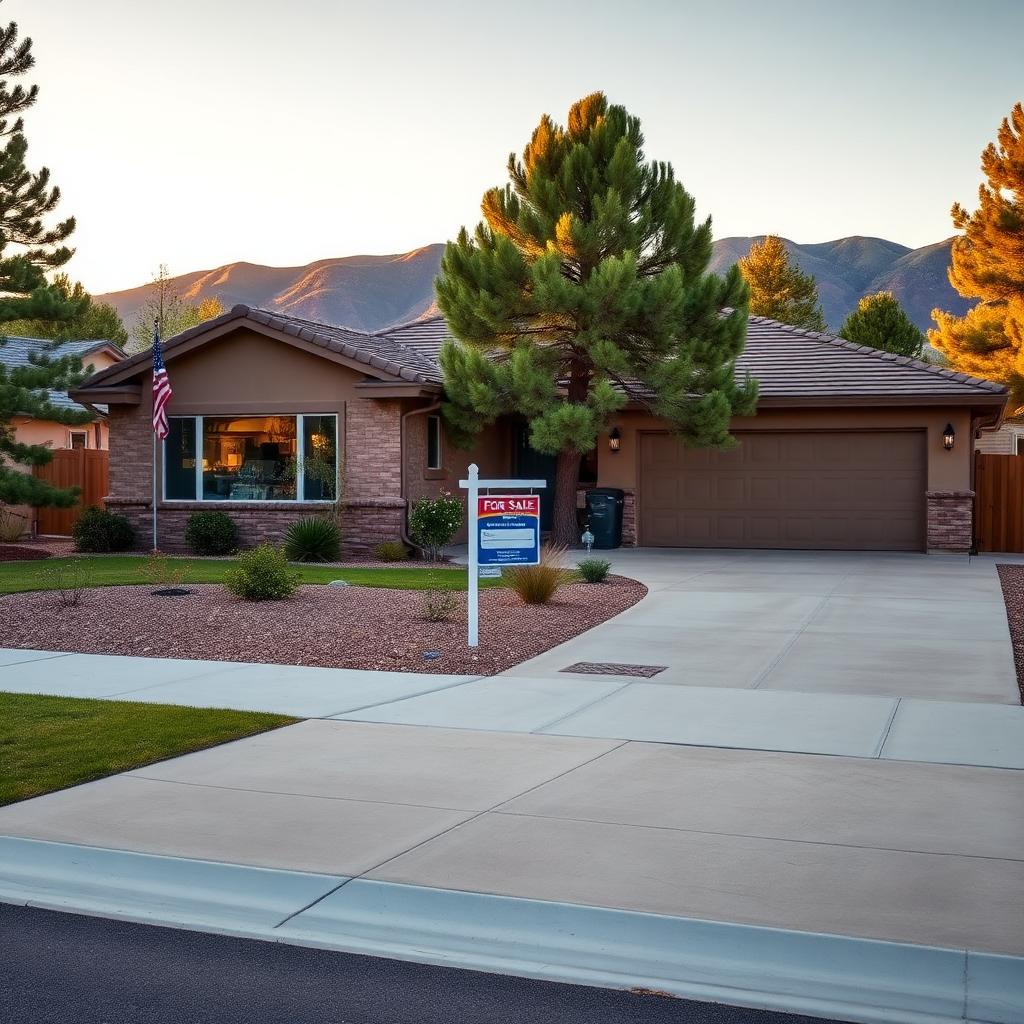 A well-maintained Colorado Springs single-family home with a level clean concrete driveway and front walkway, a real estate for sale sign, xeriscape landscaping and the Front Range foothills at golden hour