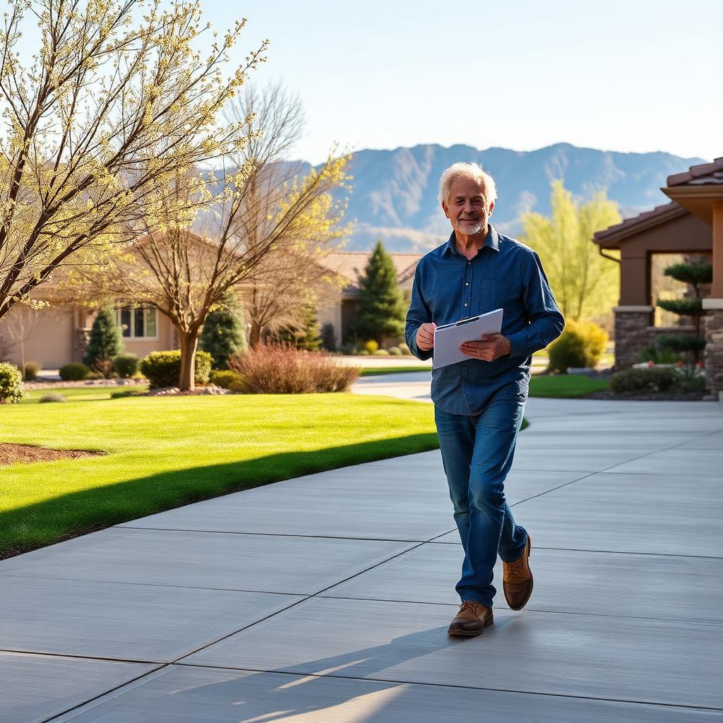 A Colorado Springs homeowner walking their concrete driveway with a clipboard on a sunny spring morning, inspecting slabs for settlement, with budding trees and Front Range foothills in the background