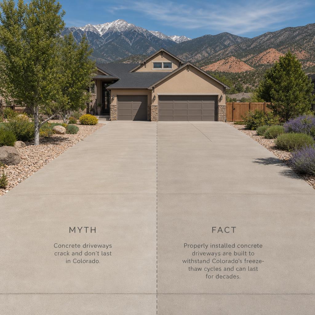 Educational split-view of a Colorado Springs residential concrete driveway labeled Myth on one side and Fact on the other, home and Front Range foothills in the background