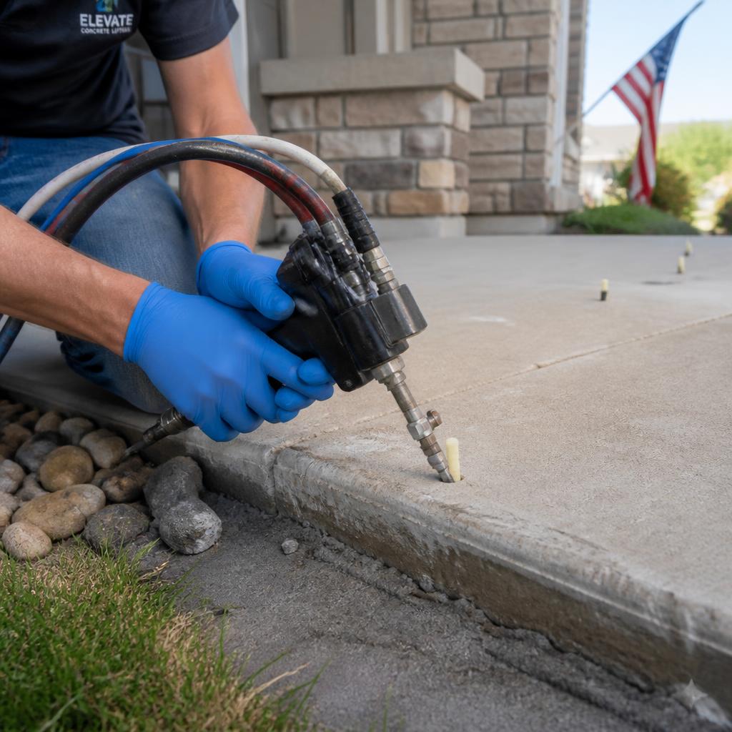 Concrete leveling technician injecting polyurethane foam through a small port on a Colorado Springs, CO sidewalk during a leveling repair
