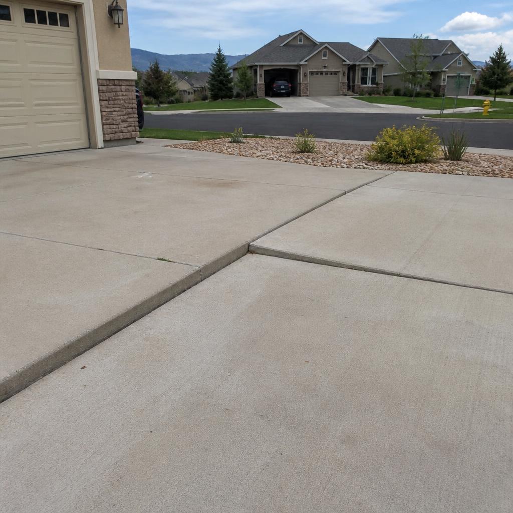A residential driveway showing a clear vertical offset from settlement