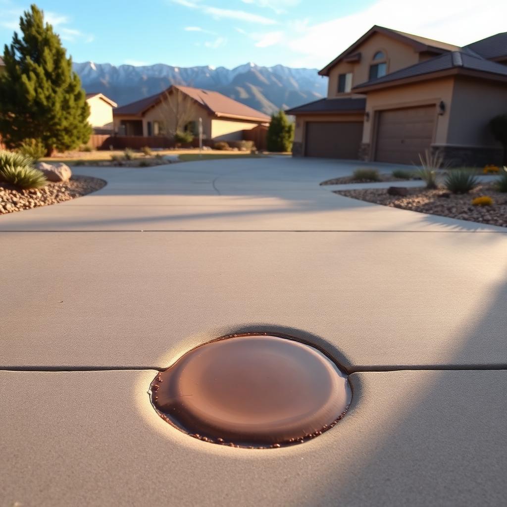 A Colorado Springs residential concrete driveway with a small settled section beginning to collect a shallow puddle of water near an expansion joint, with Front Range foothills in the background