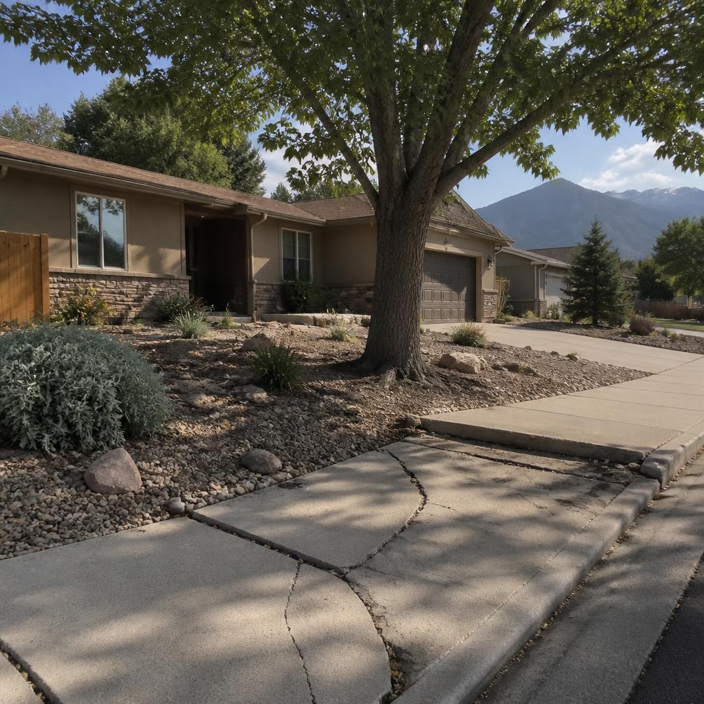 Mature tree in a Colorado Springs front yard lifting and cracking the nearby sidewalk and driveway concrete