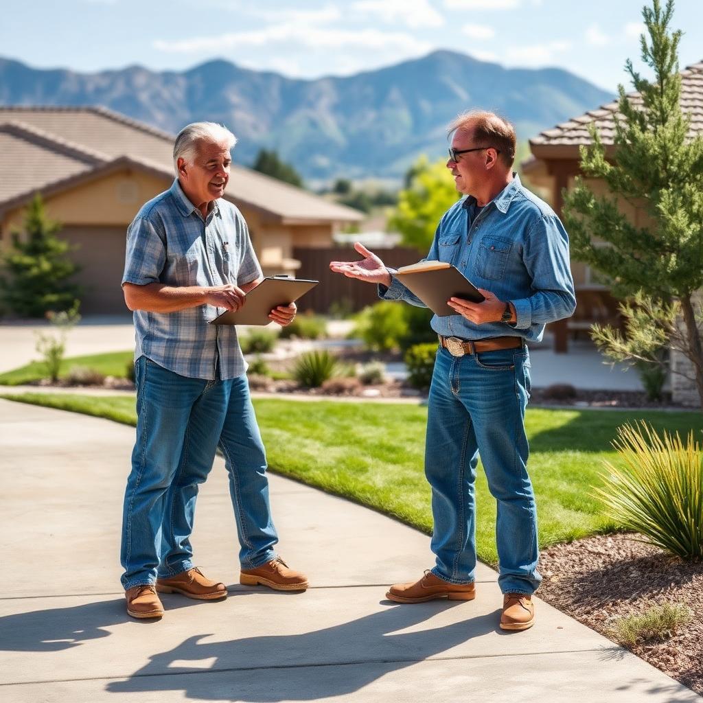 A Colorado Springs homeowner having a friendly, consultative conversation with a concrete leveling professional holding a clipboard beside a residential concrete driveway, with xeriscape landscaping and Front Range foothills in the background