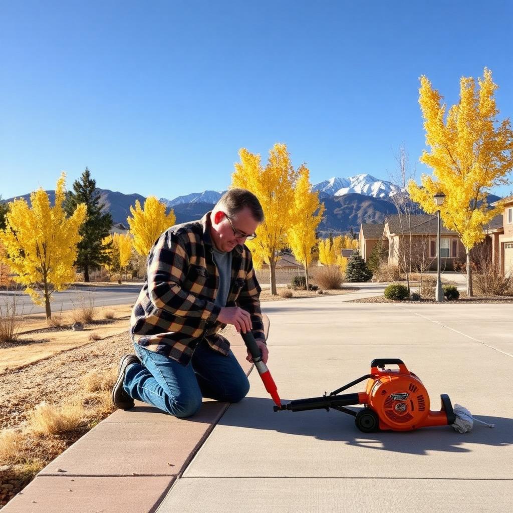 A Colorado Springs homeowner in a flannel jacket kneeling on a residential concrete driveway resealing a control joint with a caulk gun on a crisp fall day, golden aspens along the yard and snow-dusted Pikes Peak in the background