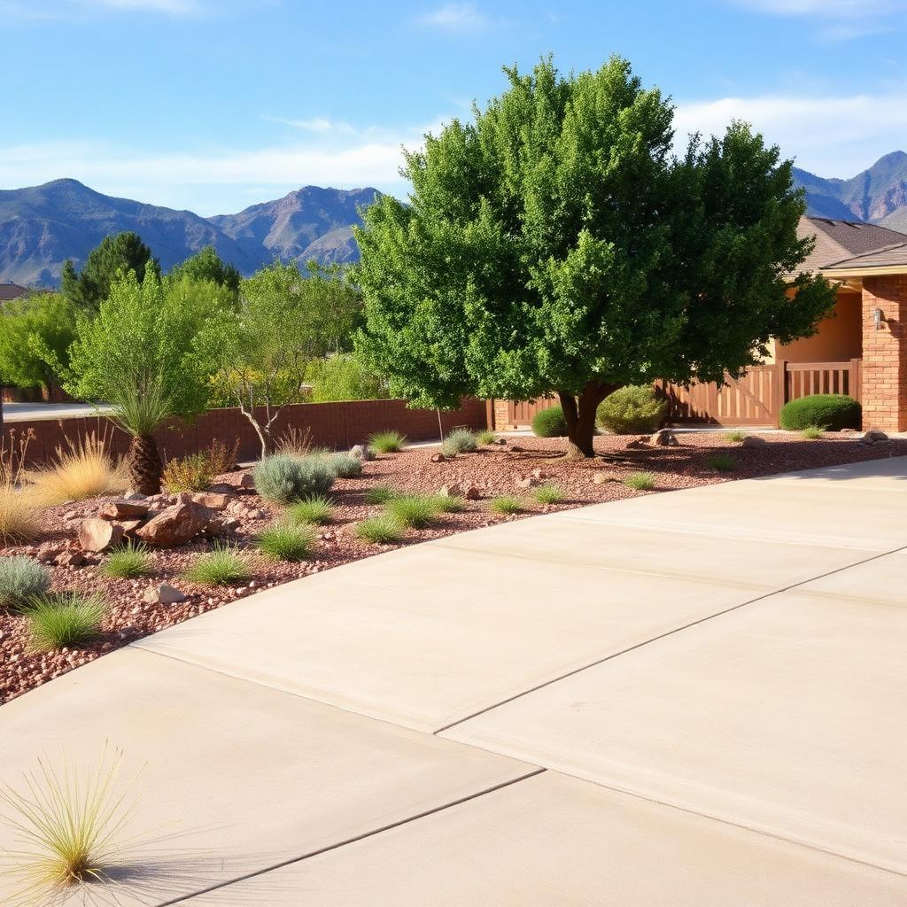 A Colorado Springs residential front yard where a mature tree is set well back from the concrete driveway, with xeriscape rock beds and native grasses sloping gently away from the slab, Front Range foothills in the background