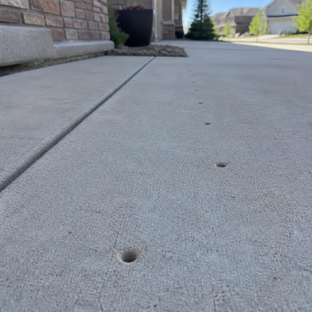 Close-up of freshly drilled polyurethane foam injection ports on a Colorado Springs, CO concrete slab, showing the small holes used to lift a sidewalk