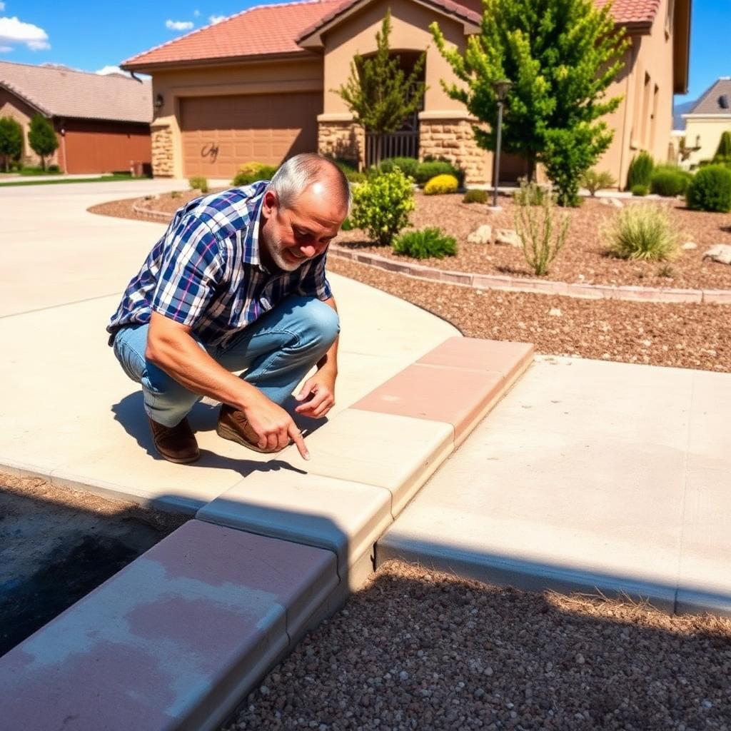 A Colorado Springs homeowner crouching to inspect a subtle vertical offset between two settled sidewalk panels beside their home, with xeriscape landscaping and Front Range foothills in the background